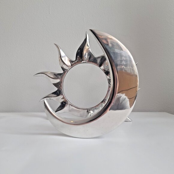 Aluminum Wine Bottle Rack Celestial Sun Moon Modern Sculpture Silver Bar Display - Picture 2 of 6